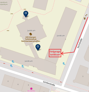 Kartenausschnitt: Kochstraße, Ecke Schillerstraße mit Pfeil zu Tiefgarage des Juridicums